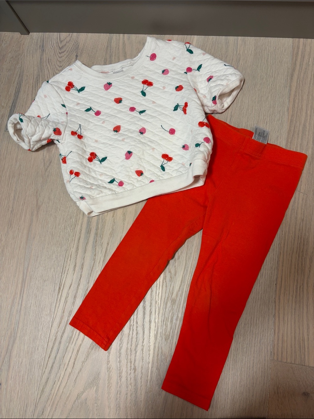 Girls' White Quilted Cherry Top with Red Leggings-3T
